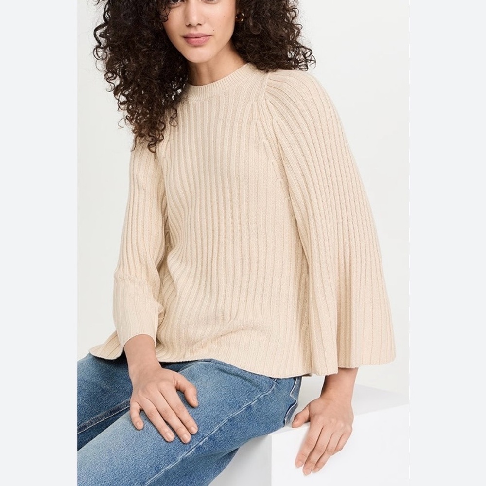 ba&sh Jobert Sweater Cream Ribbed Knit Bell Sleeves Size Medium Wool Blend